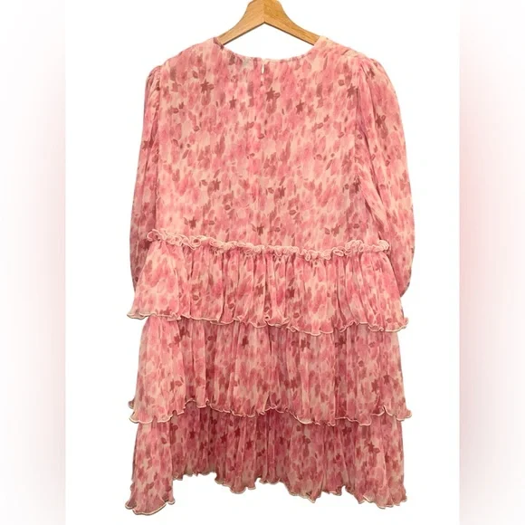 GANNI Pleated Georgette Floral Plisse 3/4 Sleeve Round Neck Tiered Mini Dress - Picture 3 of 5